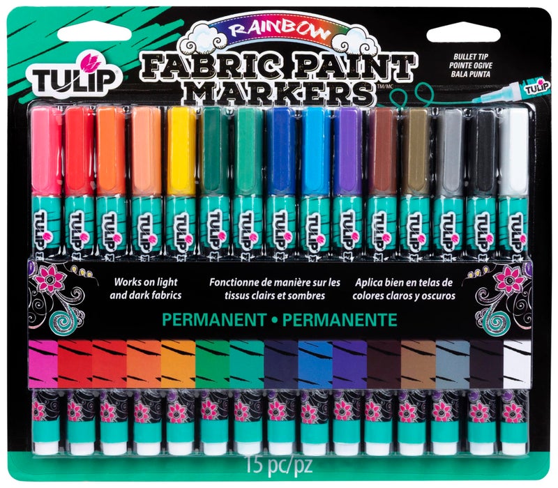 TULIP-33701 Fabric Paint Markers Rainbow 15 Pack, for Permanent Color on Fabric, Wood, Rocks - Image 1
